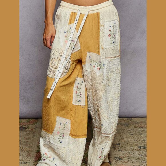 🔥🍫POL Vintage-Inspired Patchwork Cotton Pants – Boho Lace Honey Gold - Picture 2 of 16
